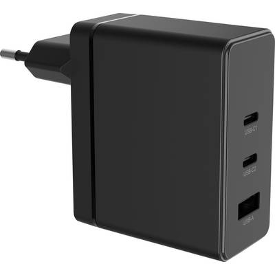 A black wall charger with two USB-C ports labeled 'USB-C1' and 'USB-C2', and one USB-A port labeled 'USB-A'.