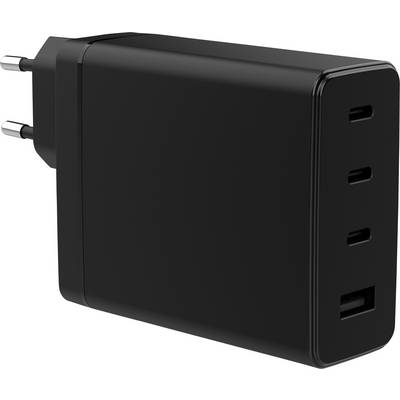 A black USB wall charger with four ports: three USB-C and one USB-A, designed for multi-device charging and has European plug prongs.