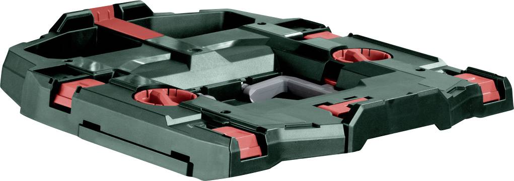 Green and red plastic folding platform dolly with four caster wheels, shown at an angle on a white background.