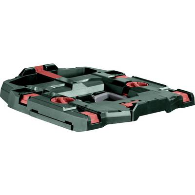 Green and red plastic folding platform dolly with four caster wheels, shown at an angle on a white background.