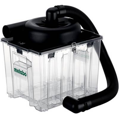 Transparent dust extraction container with black lid and attached hose, branded 'metabo'.