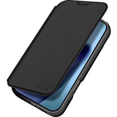 A black smartphone case with a flip cover, partially open, revealing a blue-screened phone inside.
