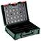 An open green plastic toolbox with multiple square compartments and a black handle, designed for organizing and storing small items.