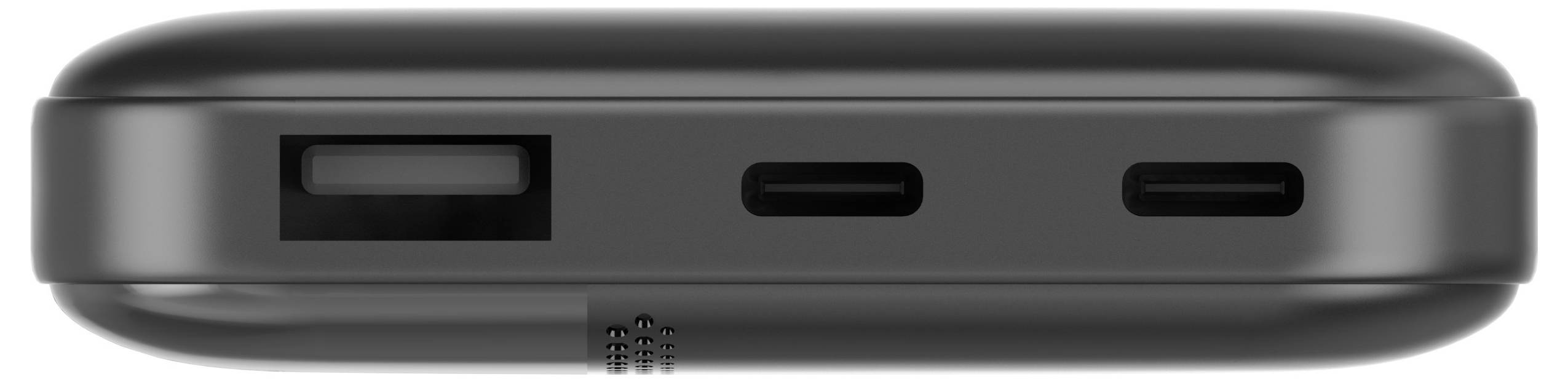'Black electronic device with USB, USB-C, and micro-USB ports on one side, set against a white background.'