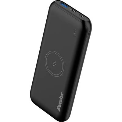 A black Energizer portable power bank with USB ports and wireless charging pad, showing four LED indicator lights for battery status.