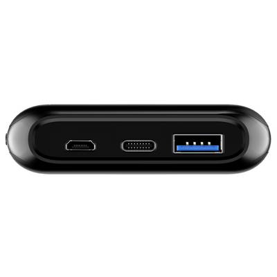 A black external hard drive with three ports: micro USB, USB-C, and USB-A.