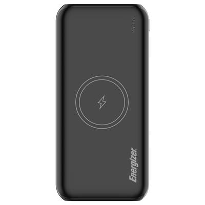 A black Energizer wireless power bank with a charging symbol on the front and LED indicators on the top right corner.