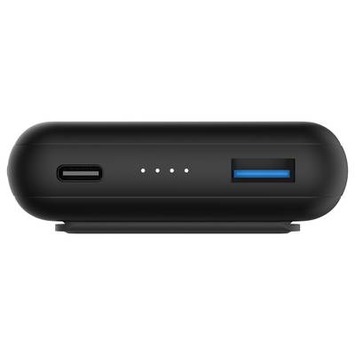 A black portable charger with USB-C and USB-A ports, featuring four LED indicator lights showing charge level.