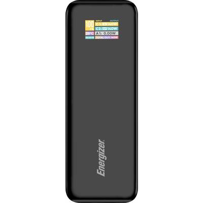 A black Energizer power bank with a digital display showing input and output power details, including 140W input and 160W total output.