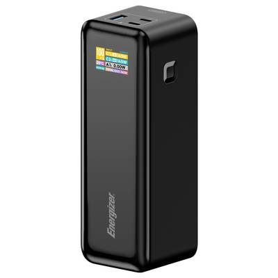A black Energizer power bank with branding and a label showing various charging capabilities, including multiple output power levels.