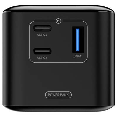 A black power bank with two USB-C ports, one USB-A port, and a clearly labeled 'Power Bank' button, designed for charging devices.