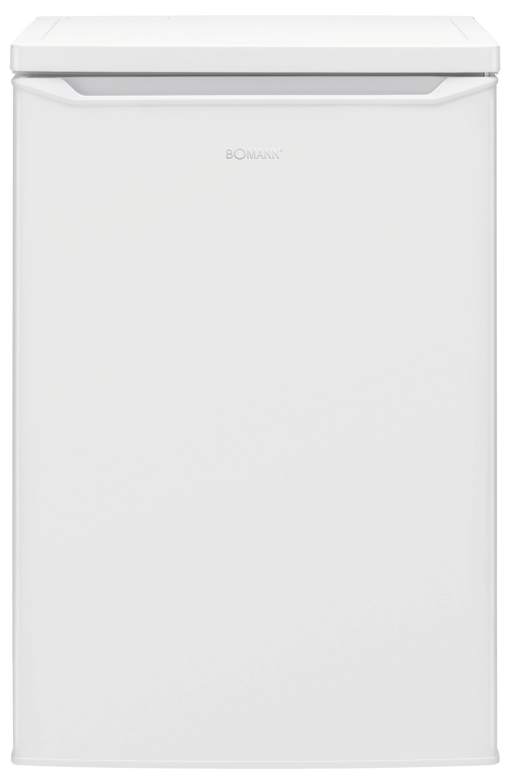 White upright chest freezer with a top lid and front handle, shown against a plain background<br>