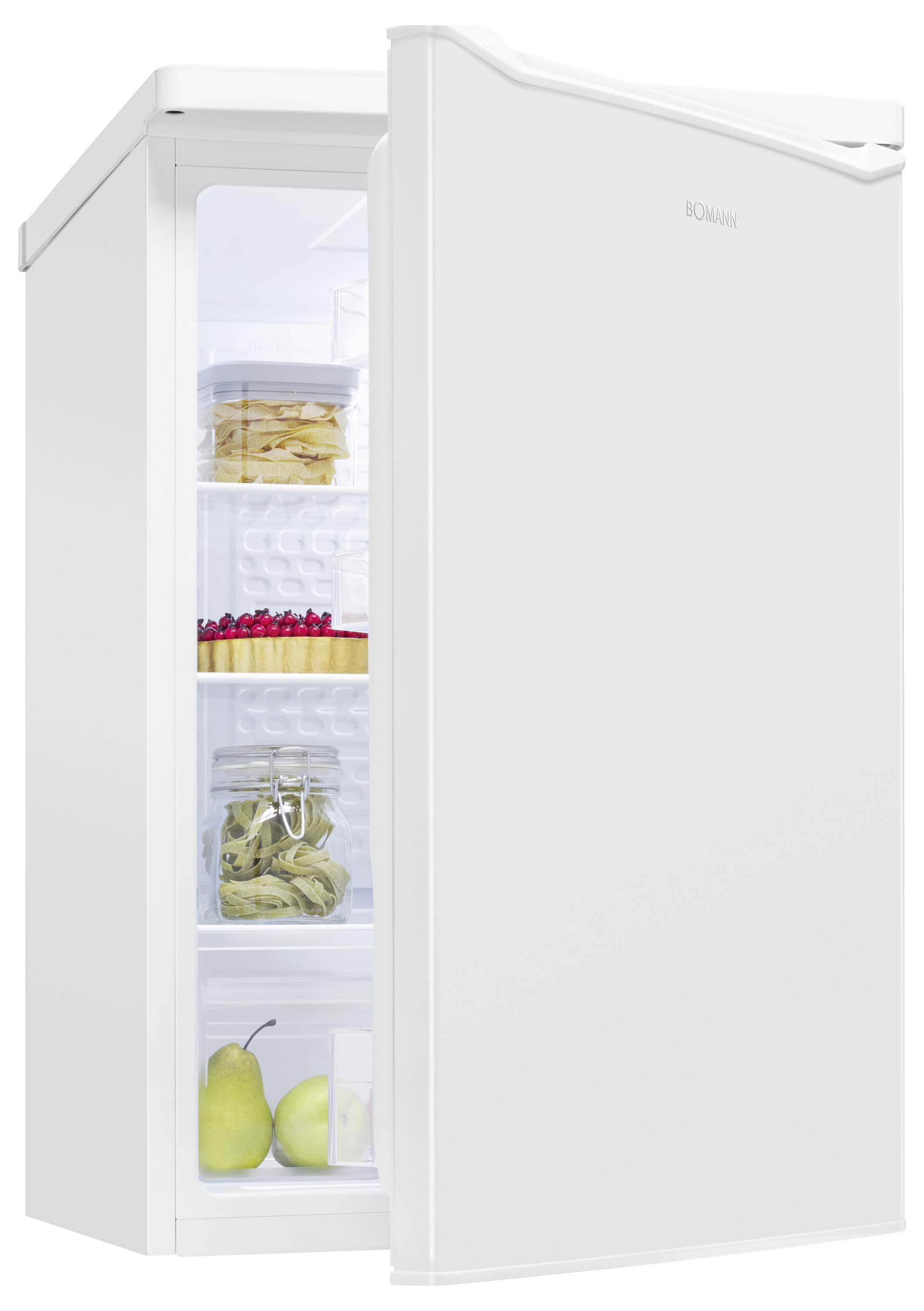 White upright freezer with the door open, showing shelves of frozen food and produce inside.