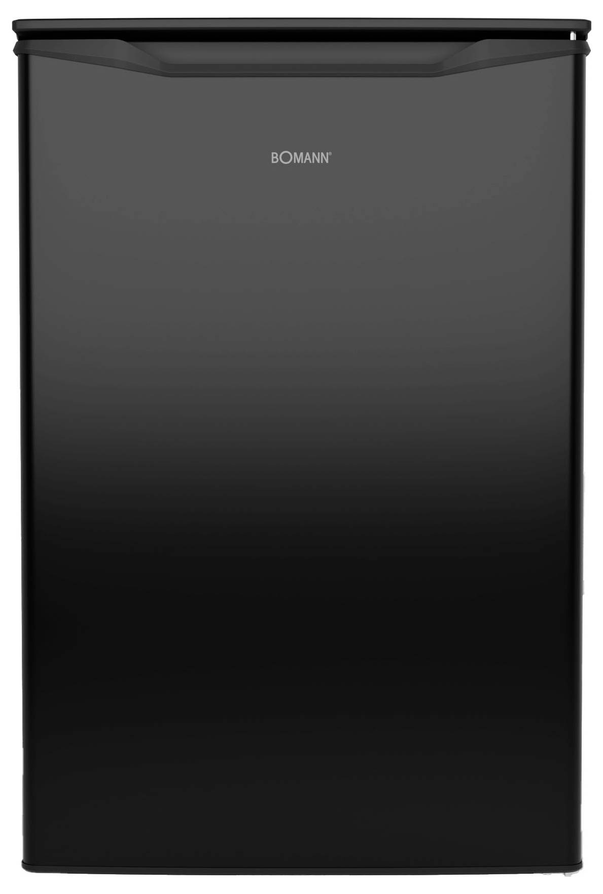 Black Bomann mini refrigerator with a single front door, shown closed against a plain background.