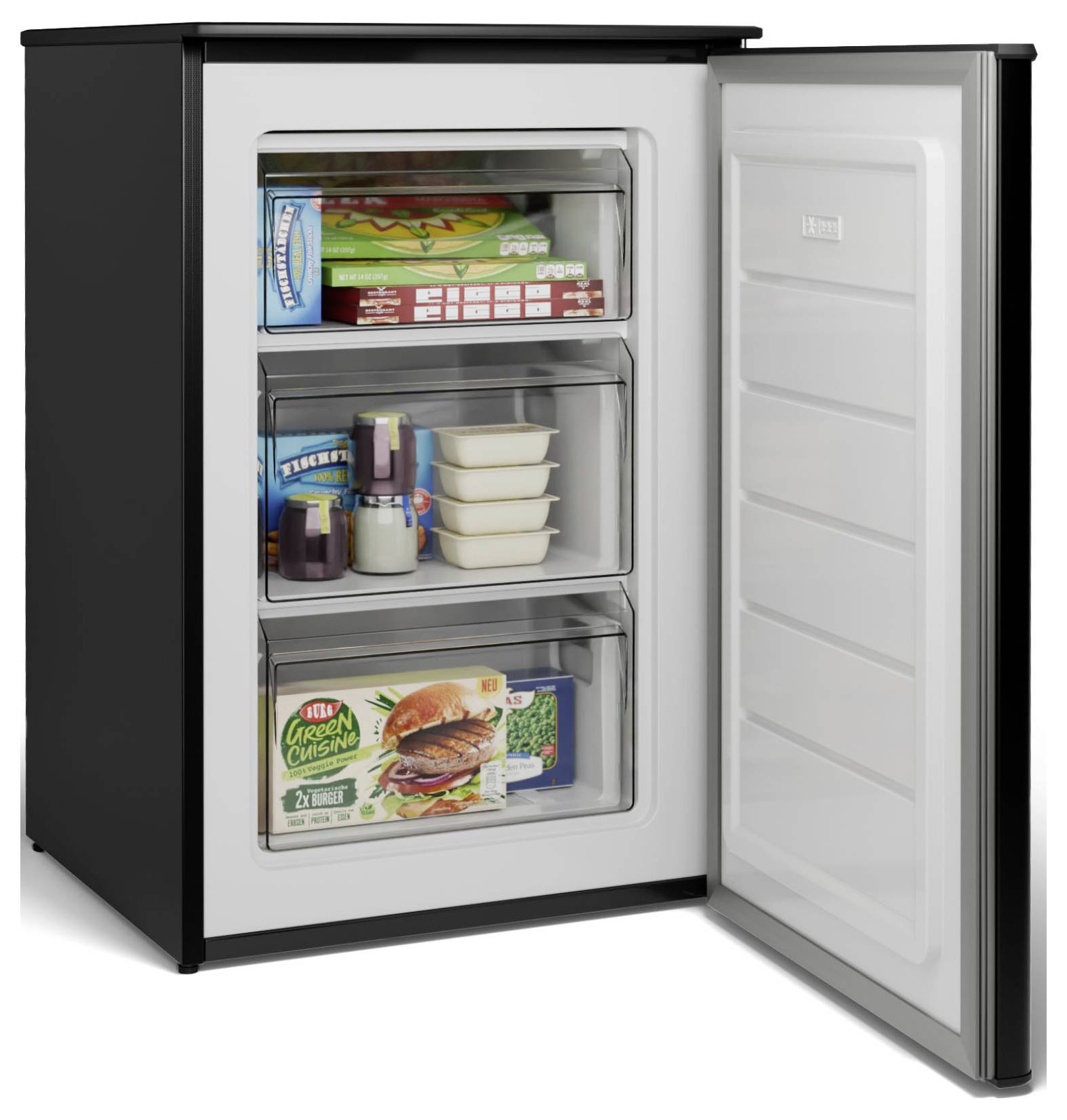 Open chest freezer with door ajar, showing shelves of frozen food boxes, tubs, and packaged items inside.