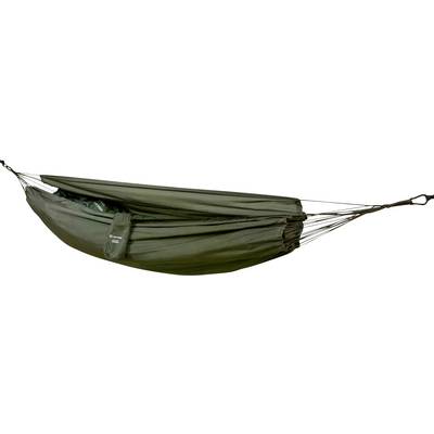 A compact, green camping hammock with attached ropes and a built-in storage pocket, designed for outdoor use.