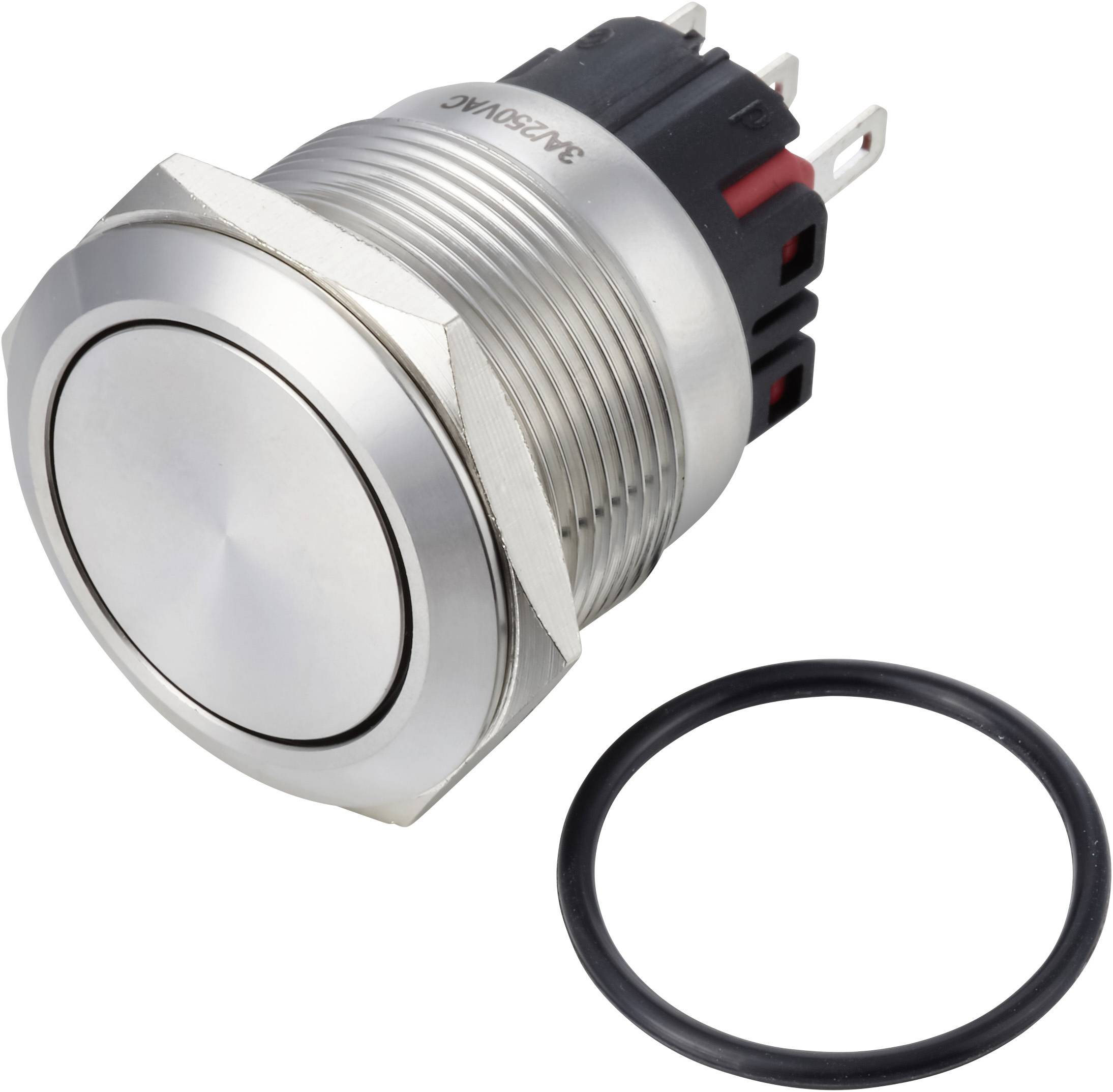 Metal push-button switch with threaded housing and separate black O-ring gasket on a white background.<br>