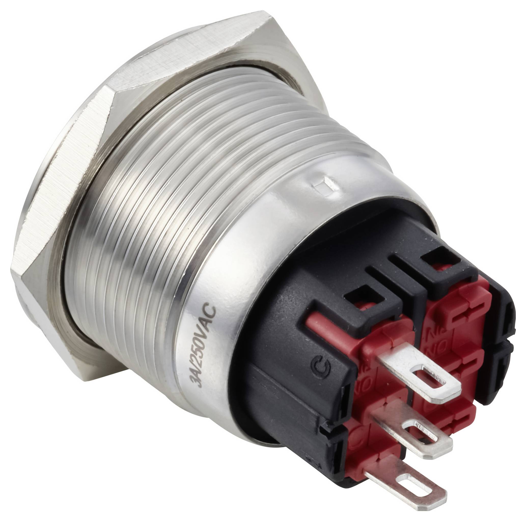 Metal panel-mount push button switch with threaded body and three electrical terminals on the back.