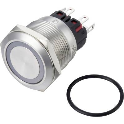 Metal push button switch with threaded mount and O-ring seal, shown beside its black rubber gasket.