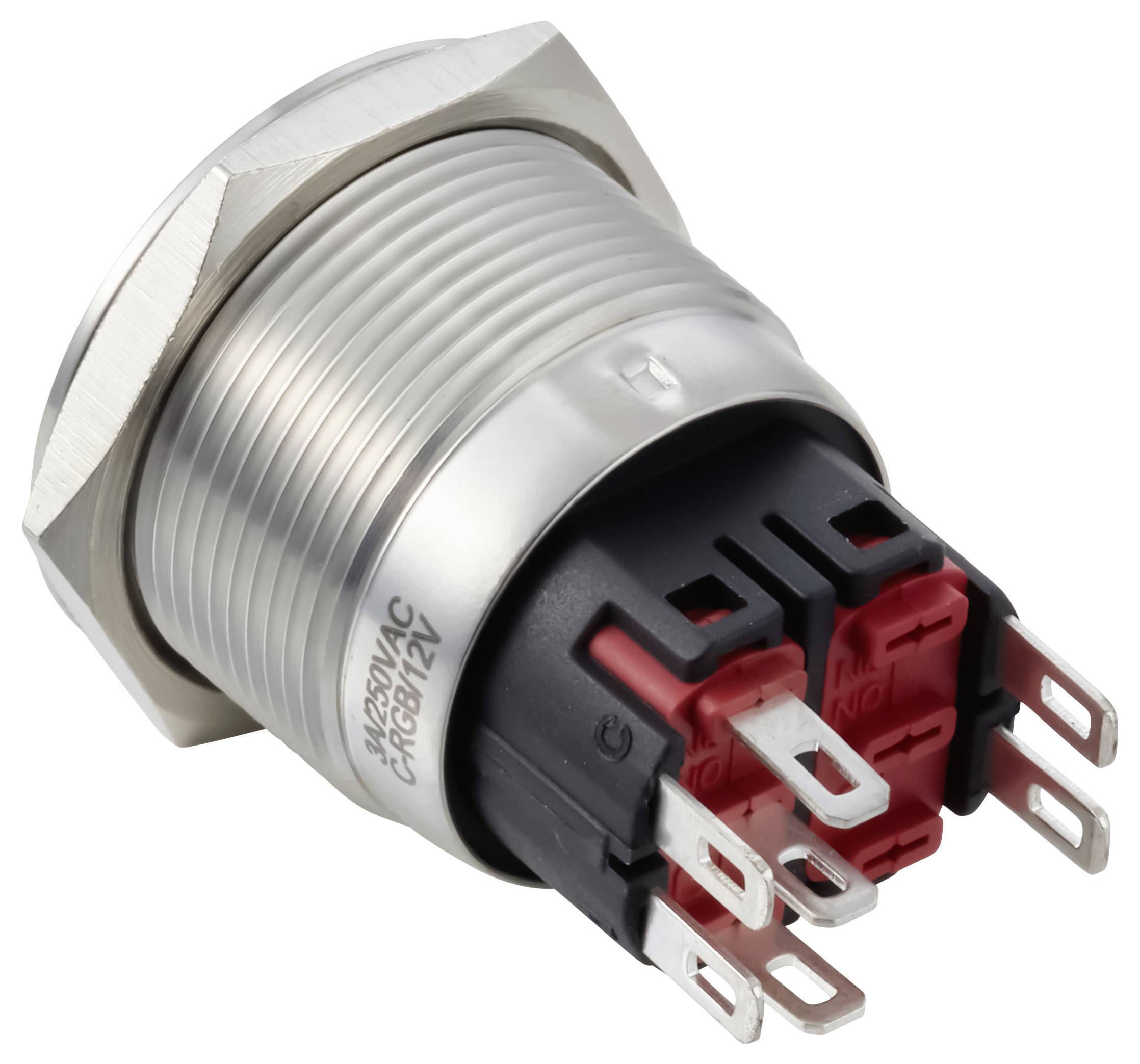 Close-up of a metal panel-mount pushbutton switch with threaded body and multiple electrical terminals on the back.