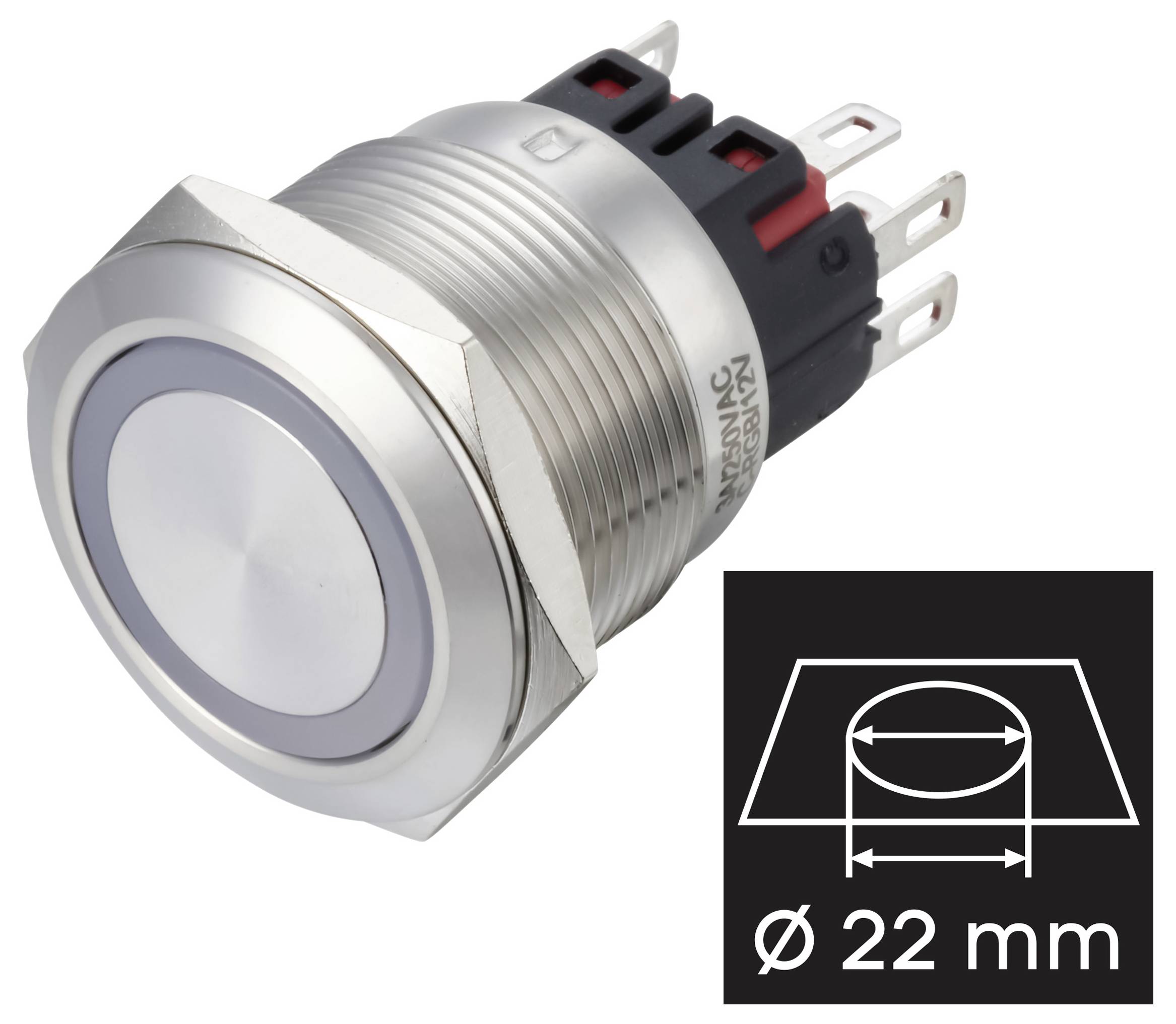 Metal push button switch with illuminated ring, shown with dimension inset indicating 22 mm mounting hole diameter.