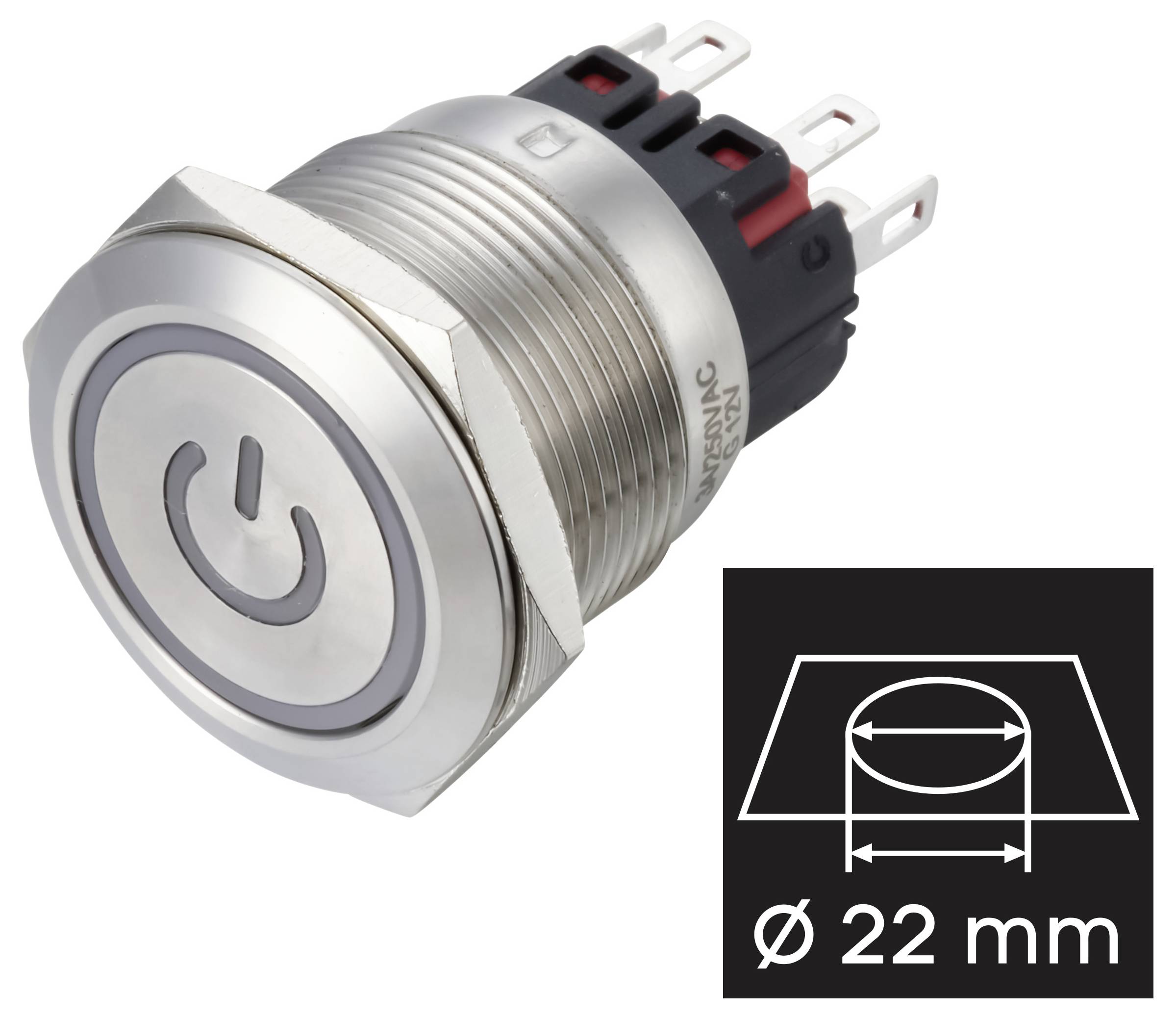 Metal push-button switch with power symbol, shown with a 22 mm mounting-hole size diagram.<br>