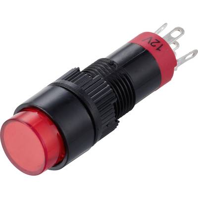 Red 12V panel-mount pushbutton indicator switch with black threaded body and metal terminals<br>
