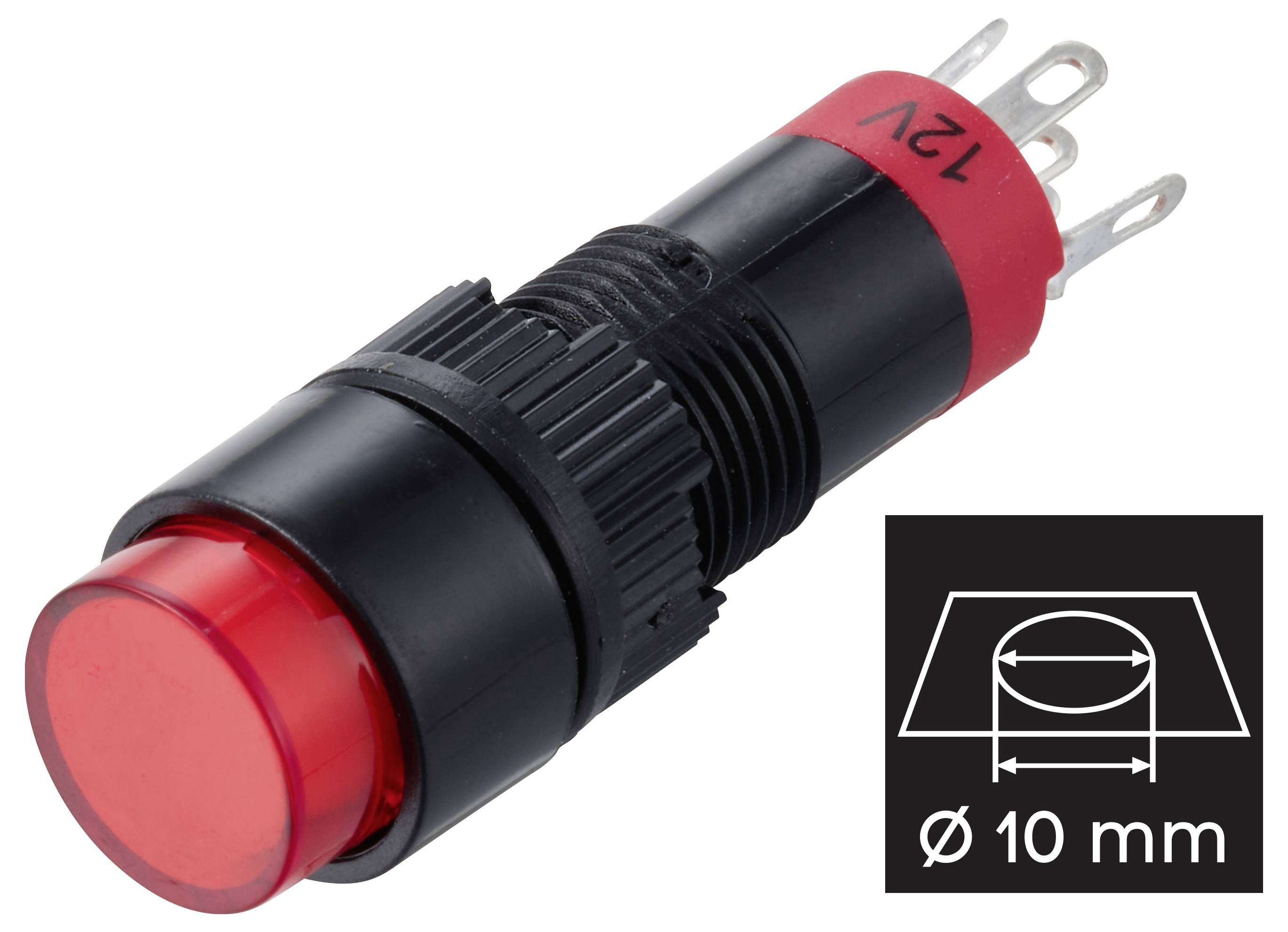 Black 12V panel-mount push button switch with red lens and 10 mm mounting hole icon<br>