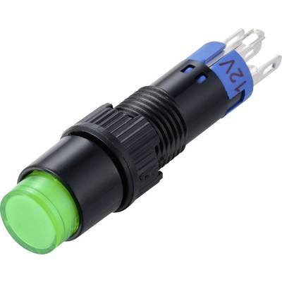 Black panel-mount pushbutton switch with green illuminated lens and 12V terminals on the back<br>