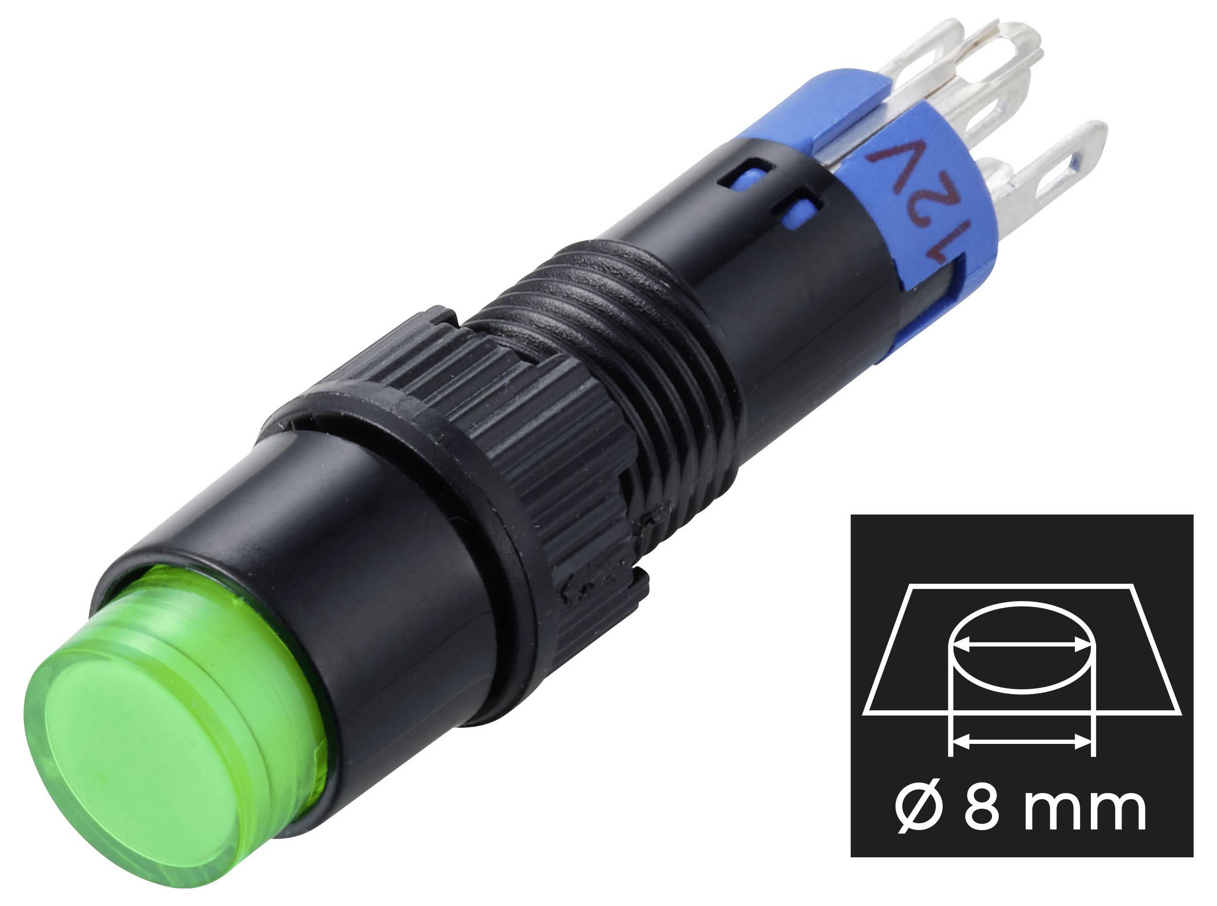 Green 8 mm panel-mount indicator light with black housing and 12V terminals shown in a product photo, with an inset size icon labeled 'Ø 8 mm'.