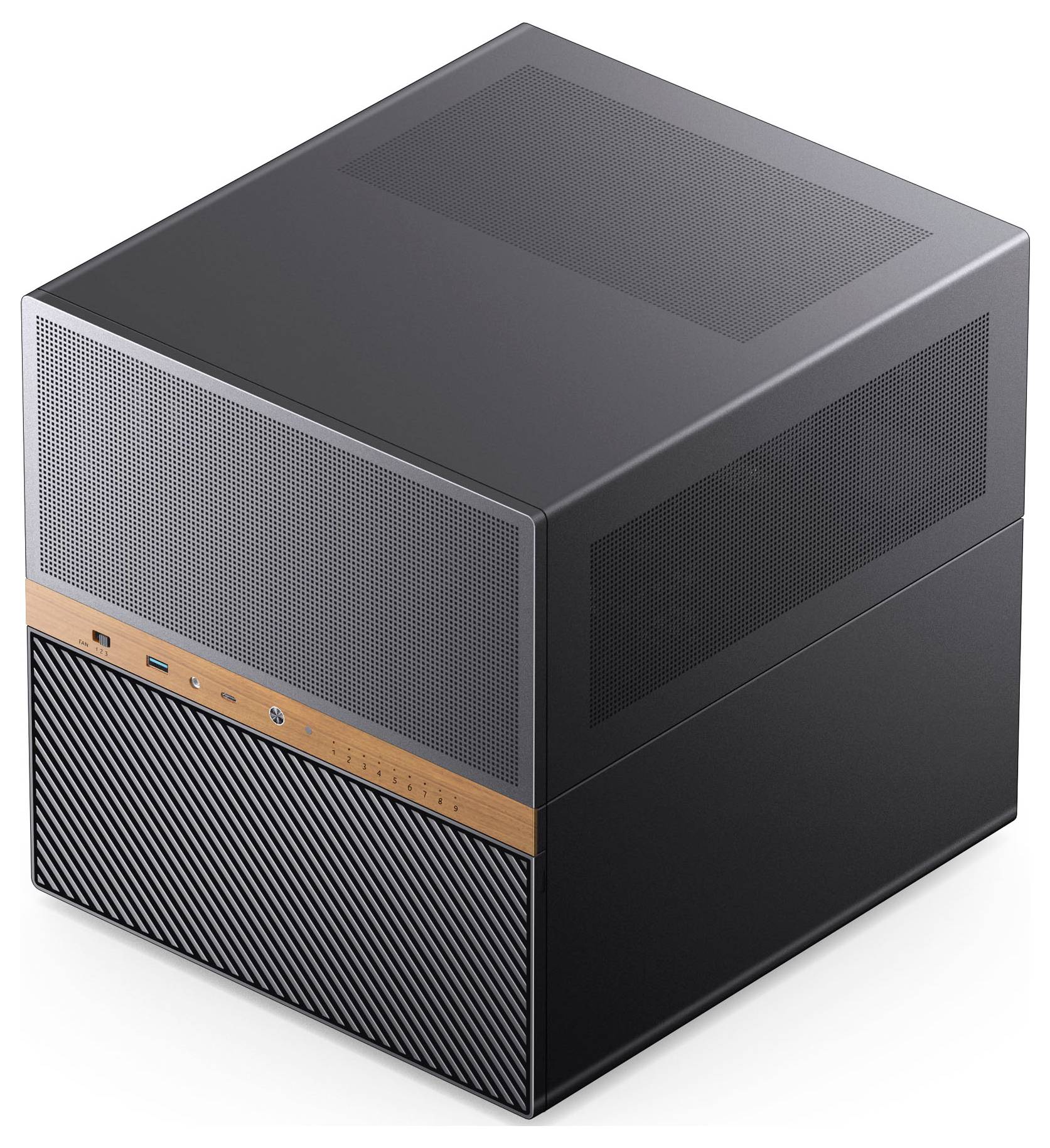 A modern, sleek black and gray electronic device with a cubic design, featuring vented panels and a wooden accent strip, suggesting functionality and style.