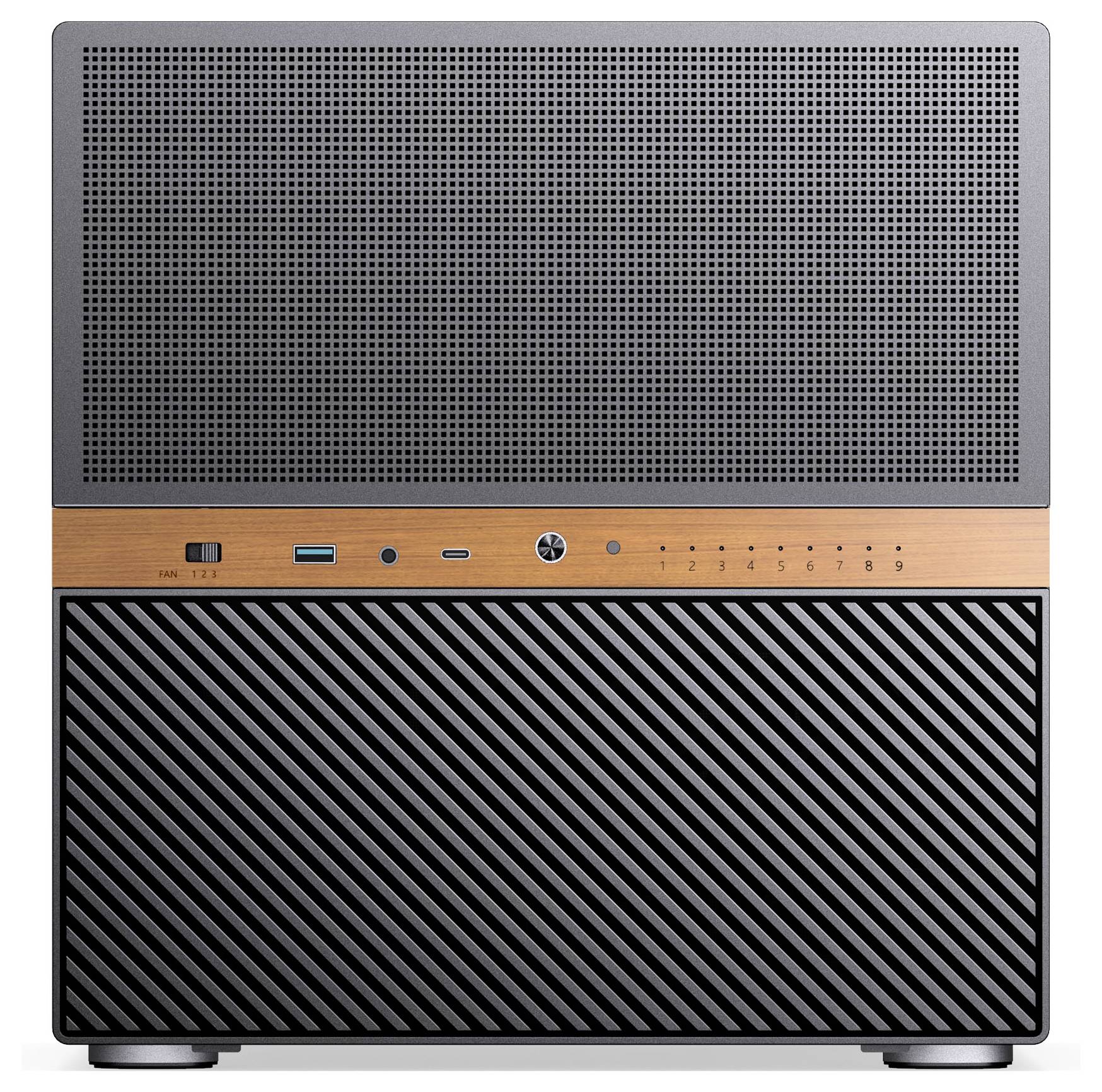 A modern, rectangular speaker with a wood accent, digital display, and control buttons. The design combines metal and wood textures.