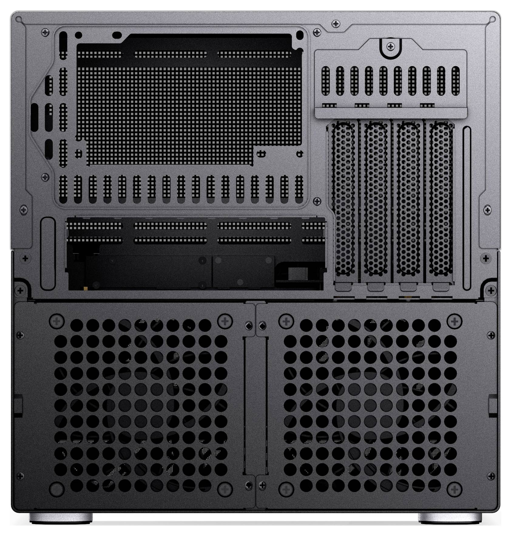 Back view of a computer case with multiple ventilation holes and expansion slots, designed for ample air circulation and hardware installation.