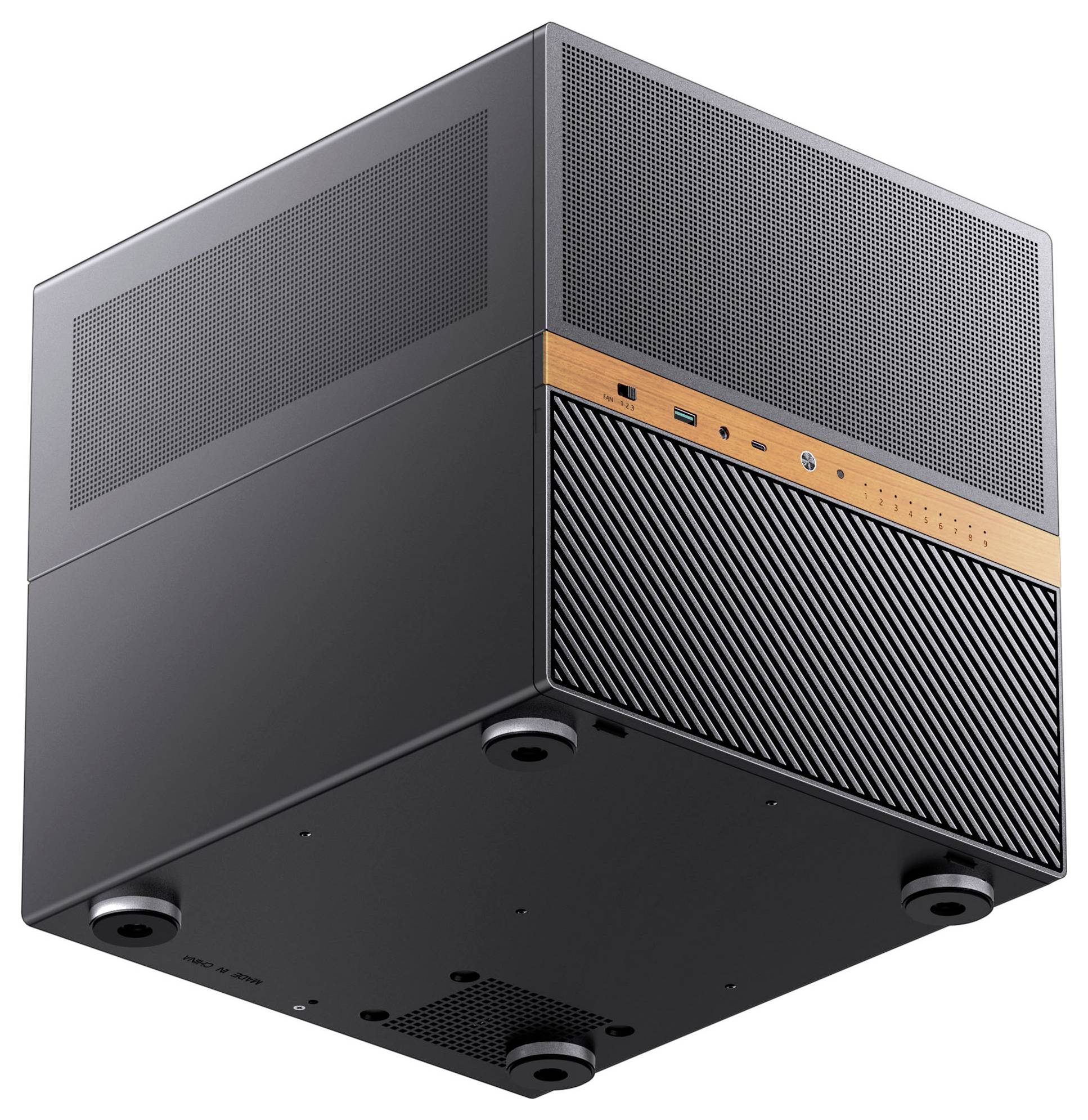 'A black, cube-shaped computer case with a wooden accent and mesh panels. It has ports and buttons on the front, viewed from below.'