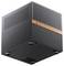 'A black, cube-shaped computer case with a wooden accent and mesh panels. It has ports and buttons on the front, viewed from below.'