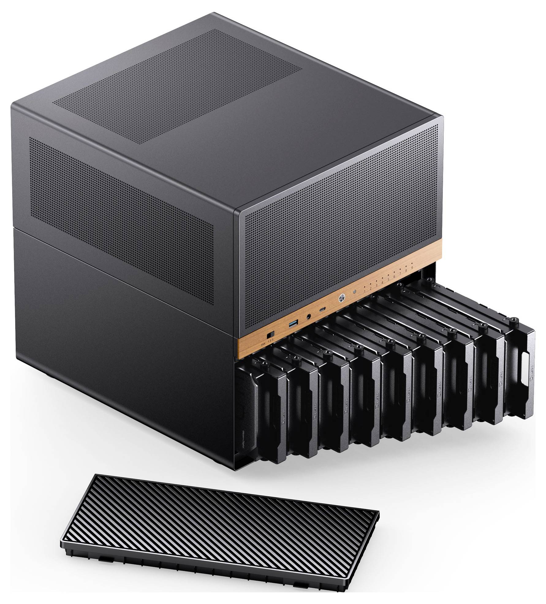 A sleek, black external hard drive enclosure with multiple drive bays, shown with one drive tray removed, illustrating storage capacity.