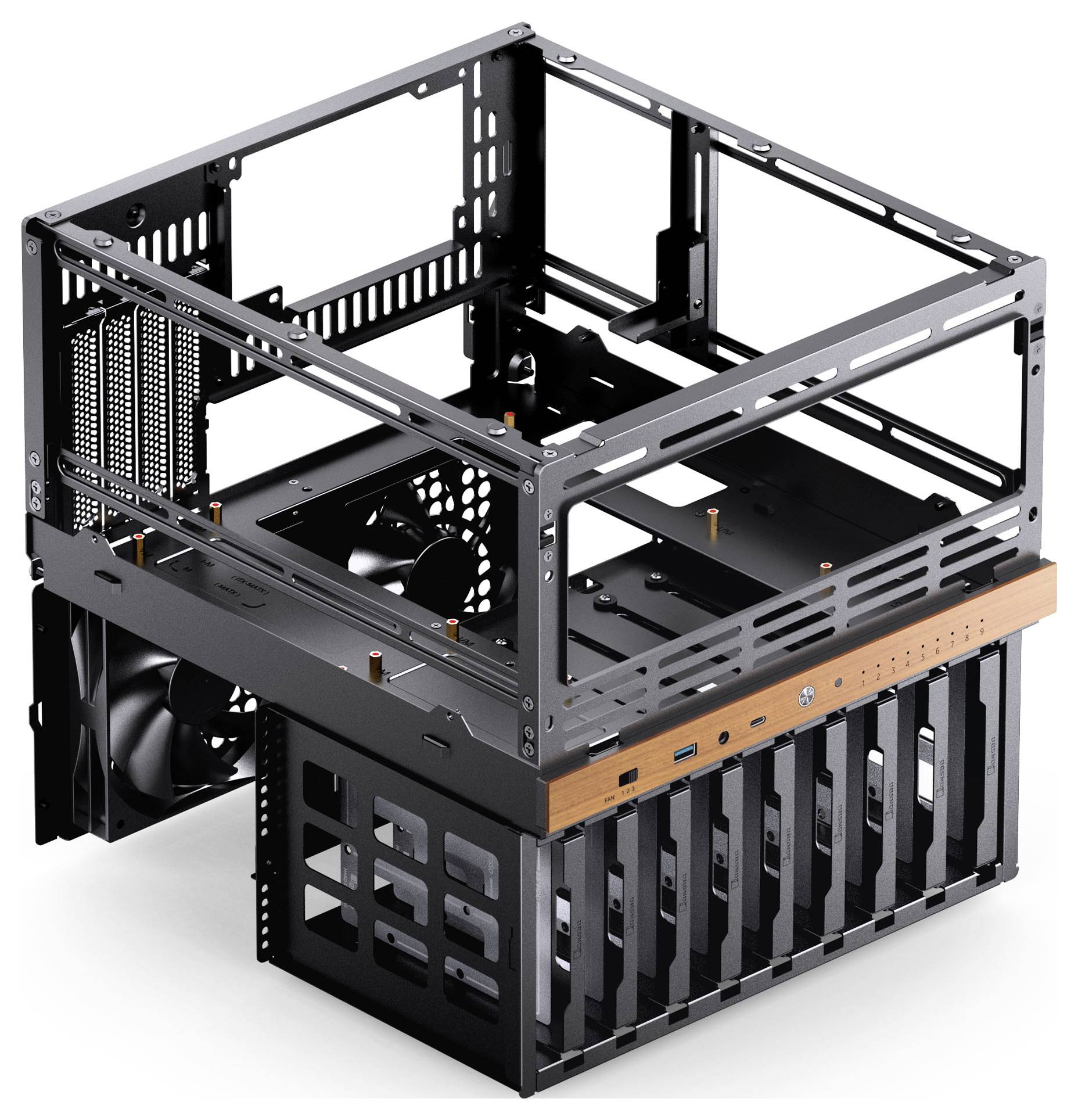 'Open-frame computer case with metal frame, fan slots, and a wooden panel housing USB ports and buttons, designed for optimal airflow.'