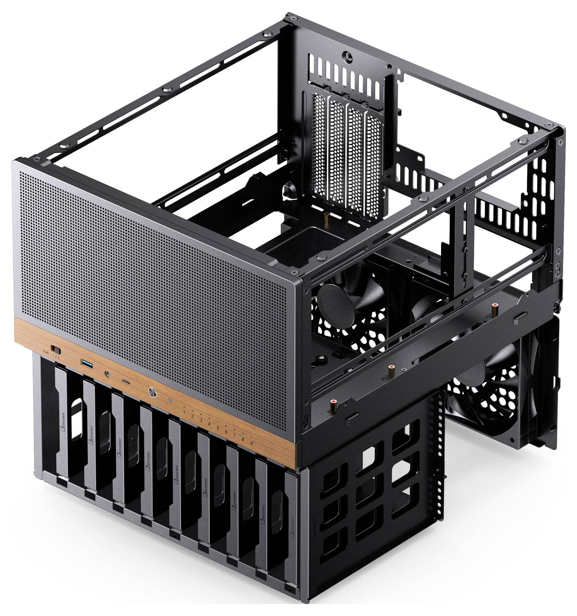 'Open metal computer chassis with multiple drive bays, ventilation holes, and a front panel featuring USB ports and control buttons.'