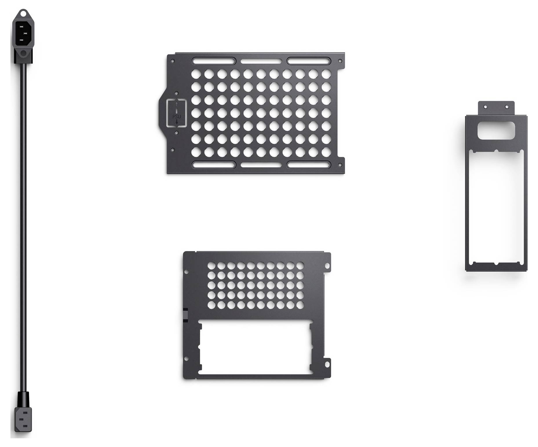 'Black computer case brackets and cable on a white background, with a focus on different panel designs and configuration options.'