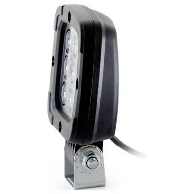 Black rectangular LED work light on a metal bracket with visible power cable, shown in side view.