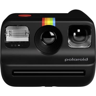 A black Polaroid instant camera with a rainbow stripe above the lens, featuring a flash and viewfinder on the front.