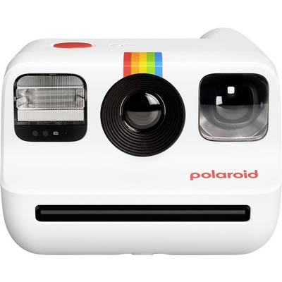 A white Polaroid camera with a rainbow stripe above the lens, a flash on the left, and the word 'polaroid' in red on the right.