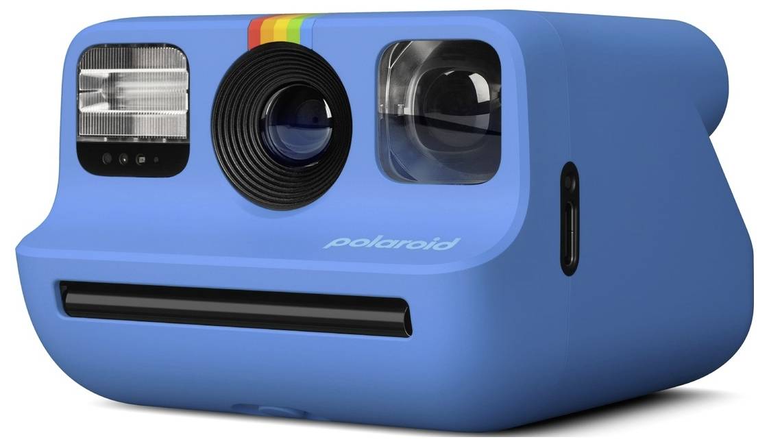 A blue instant camera featuring a rainbow stripe and dual lenses, designed for capturing and developing photos on the spot.
