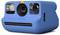 A blue instant camera featuring a rainbow stripe and dual lenses, designed for capturing and developing photos on the spot.