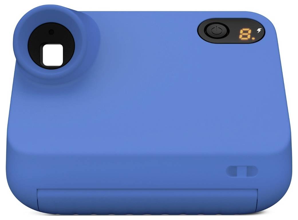 A blue instant film camera with a lens, viewfinder hole, and an LED display showing the number '8'.