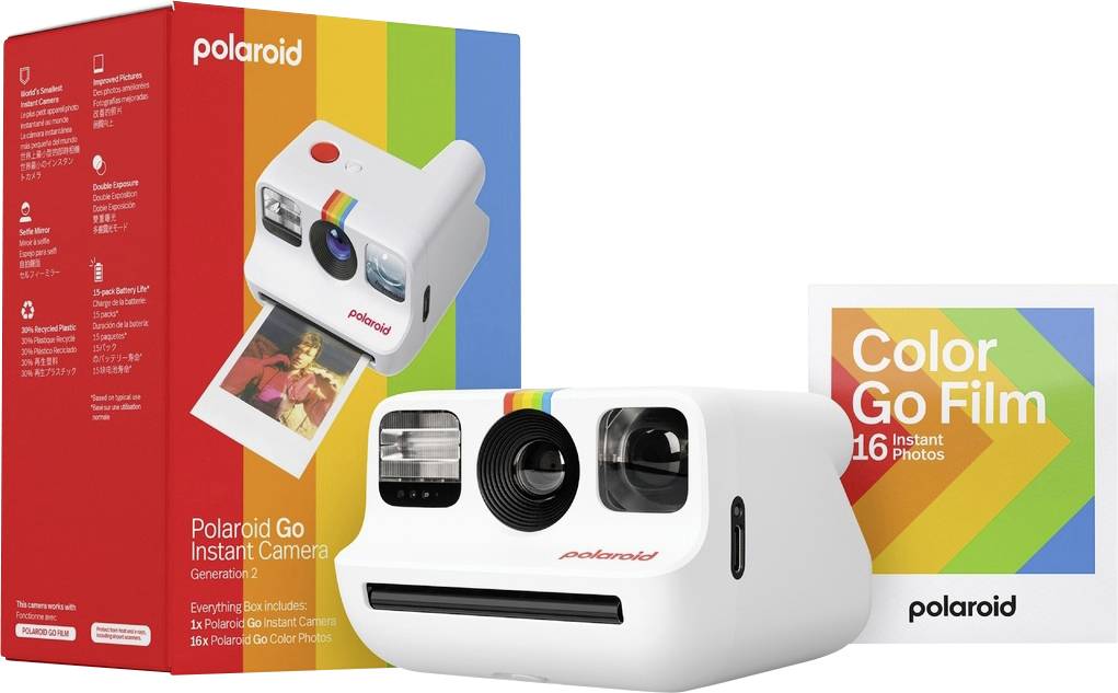 'Polaroid Go Instant Camera' shown with packaging and 'Color Go Film' box for 16 photos. Features rainbow stripe design.