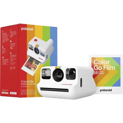 'Polaroid Go Instant Camera' shown with packaging and 'Color Go Film' box for 16 photos. Features rainbow stripe design.