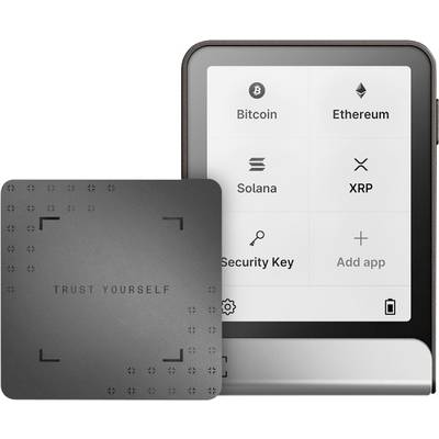 A digital cryptocurrency wallet displaying options for Bitcoin, Ethereum, Solana, and XRP. Beside it, a card reads 'Trust Yourself'.