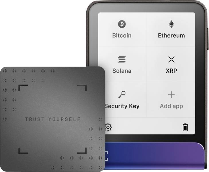 A digital device displaying cryptocurrency options: Bitcoin, Ethereum, Solana, XRP. A card beside it reads 'TRUST YOURSELF'.