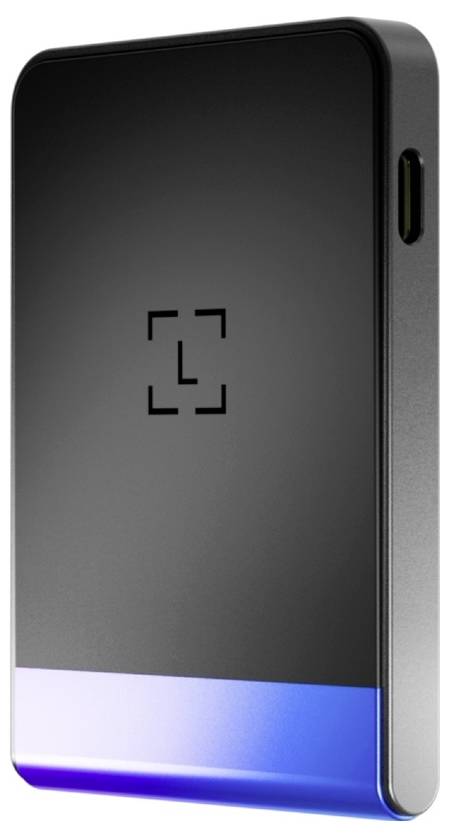 A sleek, rectangular black device with a glowing blue bottom edge and a centered symbol resembling a focus or target icon on its surface.